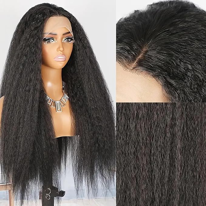 Yuksi Yaki Straight Human Hair Wig 13x6 Lace Front Wigs Human Hair Pre Plucked With Baby Hair 200% Density Kinky Straight Glueless Wigs Human Hair Pre Plucked (13x6 Yaki Straight Wig, 24 Inch)