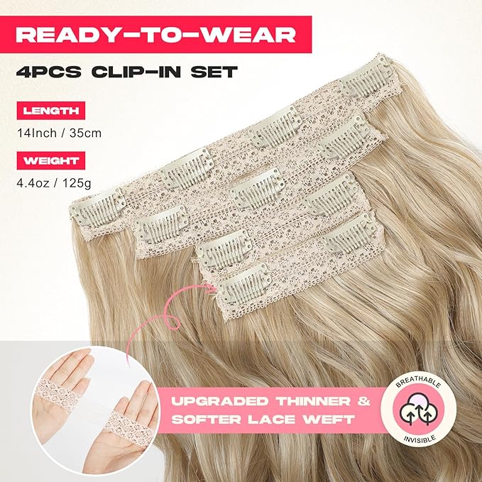 Hair Extensions, 14" Short Clip in Hair Extensions 4PCS Beach Wave Blonde Natural Soft Synthetic Hairpiece for Women - Dark Blonde with Light Ends