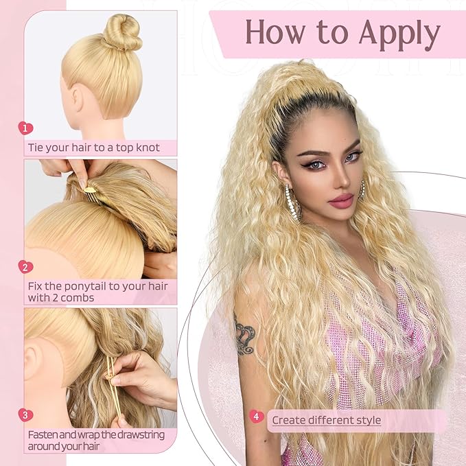 HOOJIH Ponytail Extension, 34 Inch Extra Long Drawstring Ponytail Honey Blonde Pony Tails Hair Extension Flurry Wavy Ponytails Soft Upgraded Synthetic Fiber Fake Ponytail Hairpiece for Women