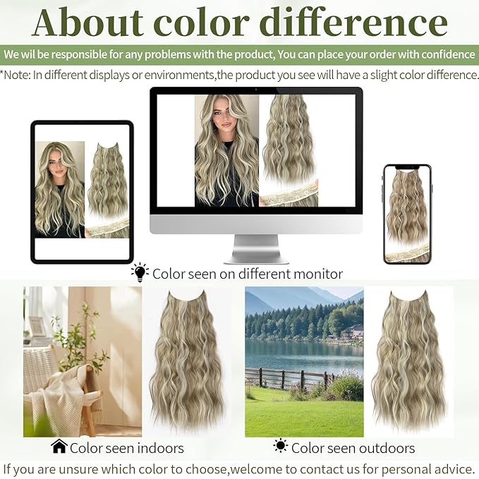 KooKaStyle Invisible Wire Hair Extensions with Transparent Headband Adjustable Size 4 Secure Clips Long Wavy Secret Wire Hairpiece for Women(24 Inch Dirty Blonde Mixed Bleach Blonde)