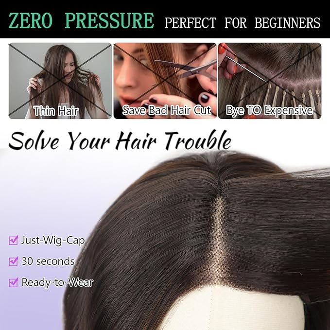 AISI HAIR 14 Inch Highlights Caramel Brown Wigs for Women - Shoulder Length Wave Wig with Pre-Cut Lace Hairline, Middle Part Natural Wavy Bob Synthetic Heat Resistant Fiber for Daily and Party