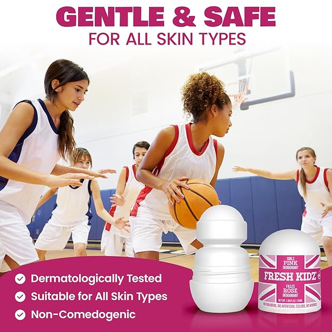 Fresh Kidz Roll On Deodorant for Kids and Teens - Baking Soda and Aluminum-free 24 Hour Protection for Sensitive Skin - Girls "Pink" 1.86 fl.oz. (2 Pack)
