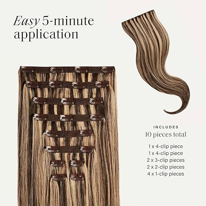 Luxy 100% Remy Human Hair, Classic 160g Clip-In Hair Extensions - 10 Wefts Multi-Dimensional Color for Natural Blending, Adds Volume & Length, Easy Apply & Remove 16" Mocha Brown Highlights