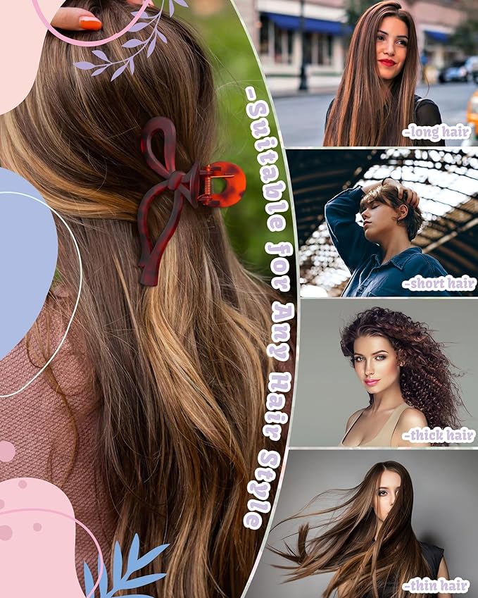 4 PCS Bow Hair Clips Bow Claw Clip for Women Nonslip Large Hair Claw Clips for Thin and Thick Hair Strong Hold Hair Bows (Black+Leopard Print (Light Brown+Dark Brown))