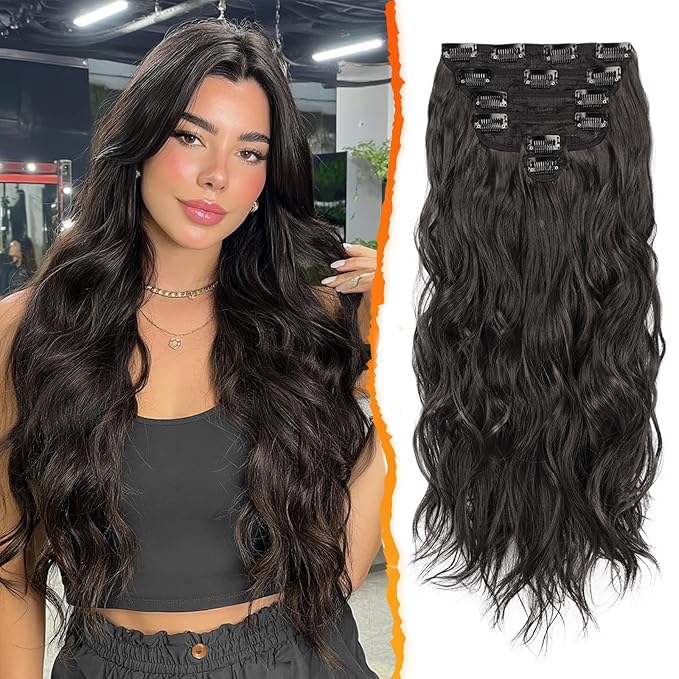 BARSDAR Beach Wavy Black Brown Clip in Hair Extensions – 20 Inch 6 PCS Black Brown Wavy Clip in Hair Extensions for Women - Thick Soft Synthetic Full Head Long Voluminous Easy Wear Clip Hairpieces