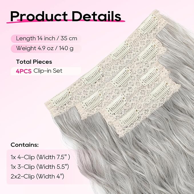 REECHO Clip in Hair Extensions, 4PCS Hair Extensions 14" Short Wavy Invisible Lace Weft Natural Soft Hairpieces for Women – Silver Grey