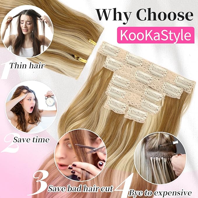 KooKaStyle Short Hair Extensions 6PCS 14 Inch Wavy Curly Hairpieces Synthetic Soft Lace Weft Clip in Hair Extensions-Honey Blonde to Bleach Blonde for Women