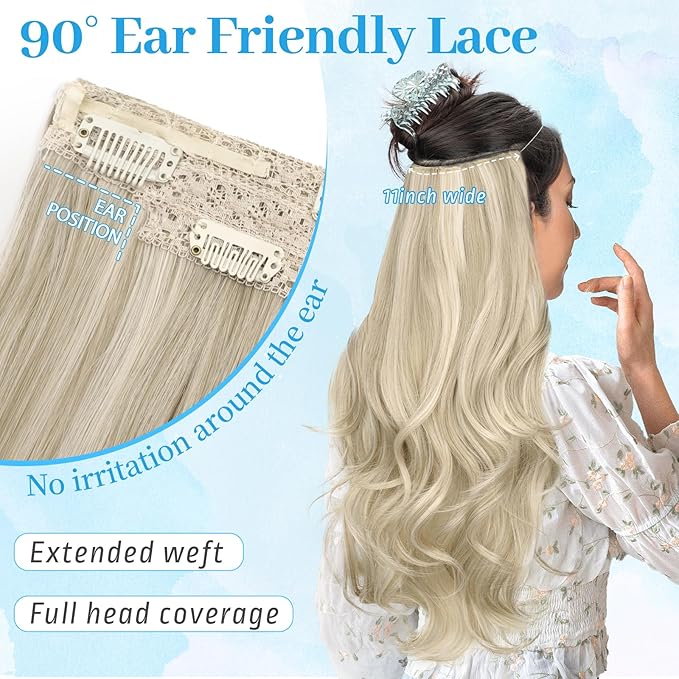 KooKaStyle Invisible Wire Hair Extensions Long Wavy Layered Synthetic Hairpieces with Transparent Wire Adjustable Size 6 Secure Clips Light Brown with Platinum Blonde for Women 20 Inch
