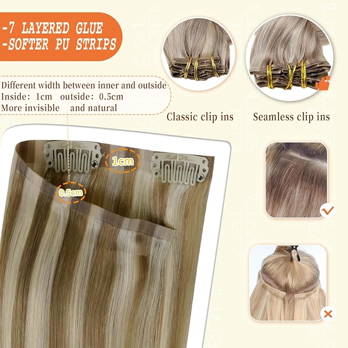 Full Shine Seamless Hair Extensions Clip ins 22 Inch Brown Highlights Human Hair Clip in Extensions Light Brown Mix Platinum Blonde Remy Hair Full Head Ease of Use 8 Pcs 120 Grams