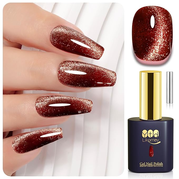 YTD Likomey Cat Eye Gel Nail Polish,Platinum Glitter 15ml Burgundy Red Magnetic Reflective Flash Sparkle Shiny Salon Home Fall Winter UV Color Varnish with Magnet Stick,HEMA Free TPO Free,MY510