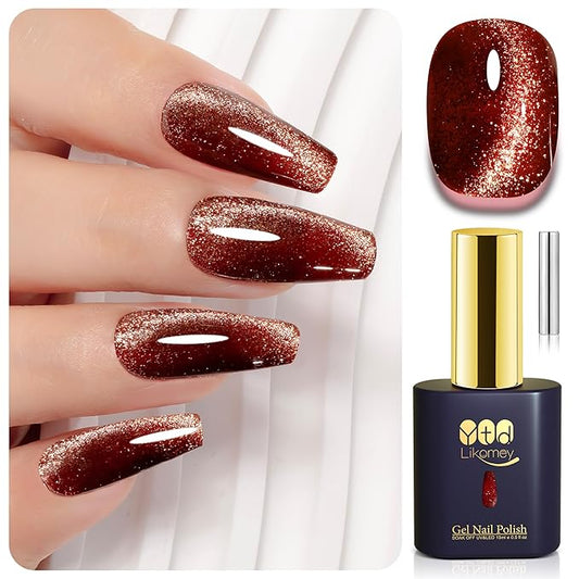 YTD Likomey Cat Eye Gel Nail Polish,Platinum Glitter 15ml Burgundy Red Magnetic Reflective Flash Sparkle Shiny Salon Home Fall Winter UV Color Varnish with Magnet Stick,HEMA Free TPO Free,MY510
