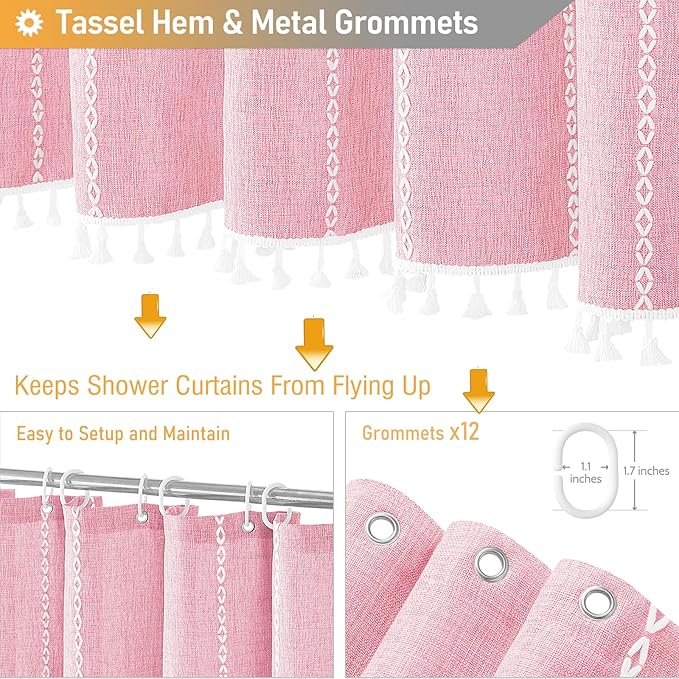 BTTN Boho Farmhouse Shower Curtain - Linen Rustic Heavy Duty Striped Fabric Shower Curtain Set with Tassel, Bohemian Vintage Country Cloth Shower Curtains for Bathroom，Pink，72" W x 96" L (Pack of 1)