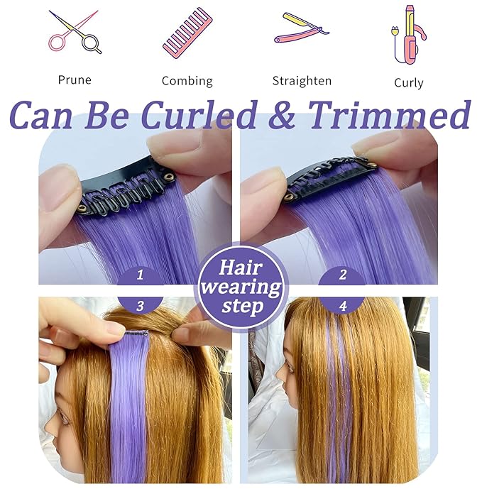 Rhyme Colored Hair Extensions Clip In 21 inch Straight Rainbow Hair Extensions Accessories For Girls Kids Women Birthday Festival Gift Party Highlights Rainbow Wig Pieces 12PCS (Pink Lavender)