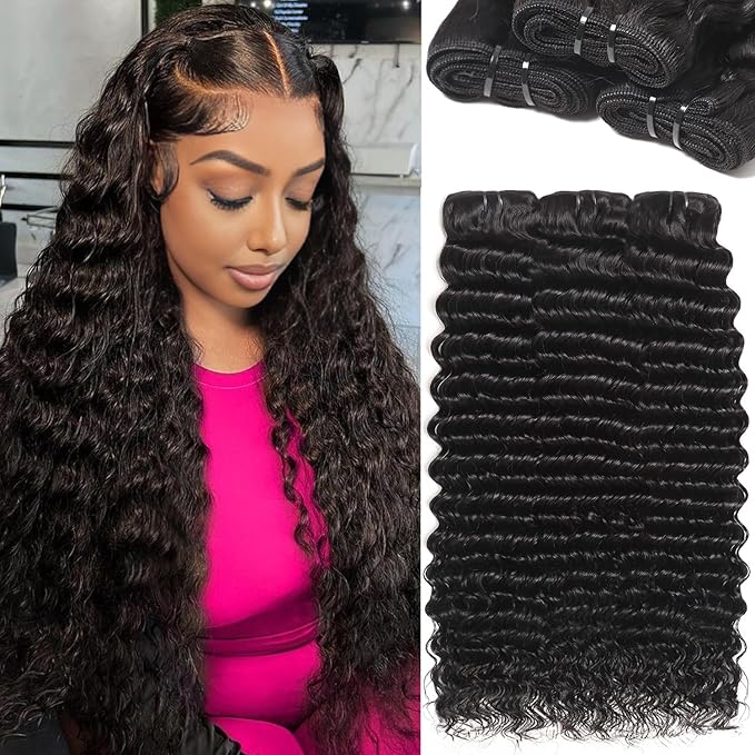 12A Deep Wave Human Hair Bundles 22 24 26 Inch Curly Bundles Human Hair 3 Bundles Human Hair 100% Unprocessed Brazilian Virgin Hair Extensions for Women Wet and Wavy Hair Bundle Weave Natural Black