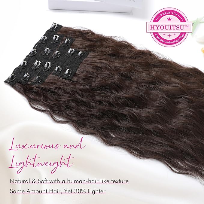 Clip in Hair Extensions, REECHO 5PCS Brown Hair Extensions 24" Thick Long Loose Waves hair extensions HE002 Invisible Lace Weft Natural Soft Hairpieces for Women – Dark Brown