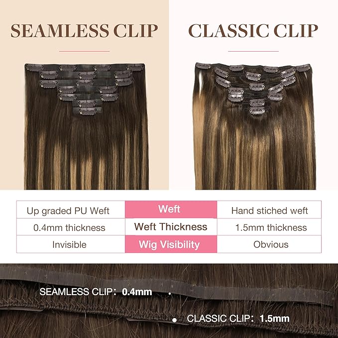 GOO GOO Clip in Hair Extensions Real Human Hair, Remy Human Hair Extensions Clip ins for Women, Natural Human Hair, 16inch 130g 7Pcs, 4/27/4 Balayage Chocolate Brown to Caramel Blonde