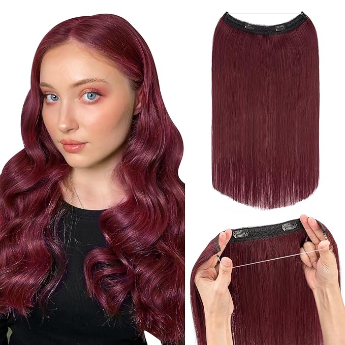 Hairro Wire Hair Extensions Human Hair, Fish Line Invisible Adjustable & Clips in Extensions Straight, 100% Real Hairpieces Seamless Blending for Women, 12 Inch 65g Wine Red