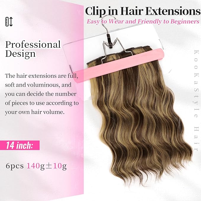 KooKaStyle Short Hair Extensions 6PCS 14 Inch Wavy Curly Hairpieces Synthetic Soft Lace Weft Clip in Hair Extensions-Balayage Chocolate Brown to Caramel Blonde for Women