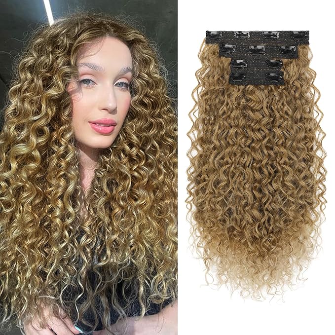 Clip in Hair Extensions, FLUFYMOOZ 4PC 100％ Pure Protein Silk Hair Extensions Long Soft Natural Hairpiece 20 Inch Curly Hair Extension for Women (Dark Blonde to Light Brown)