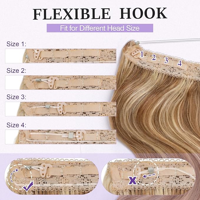 Halo Hair Extensions Real Human Hair,Halo Hair Extension 100% Human Hair,Wire Hair Extensions,Wavy Golden Brown Mixed Bleach Blonde,22 inch/75g