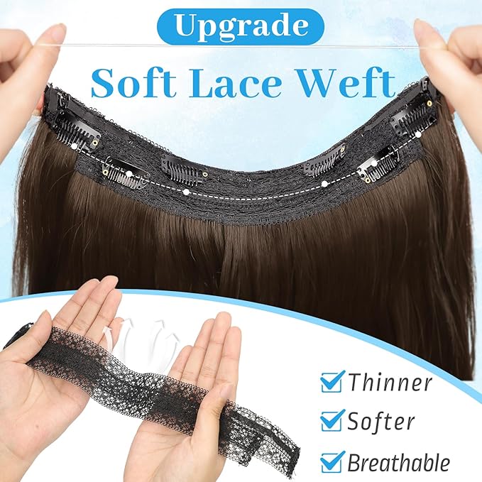 KooKaStyle Invisible Wire Hair Extensions Long Wavy Layered Synthetic Hair Extensions with Transparent Wire Adjustable Size 6 Secure Clips Medium Ash Brown Hairpieces for Women 20 Inch