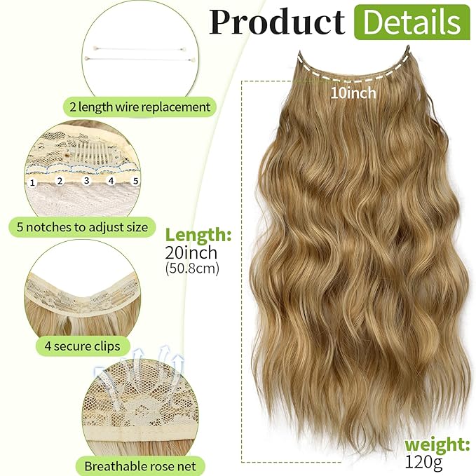 KooKaStyle Invisible Wire Hair Extensions with Transparent Headband Adjustable Size 4 Secure Clips Long Wavy Secret Wire Hairpiece 20 Inch Honey Blonde for Women
