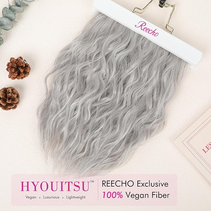 REECHO Clip in Hair Extensions - 4PCS 12" Short Curly Wavy Hairpieces - Invisible Lace Weft - Natural Soft - Silver Grey