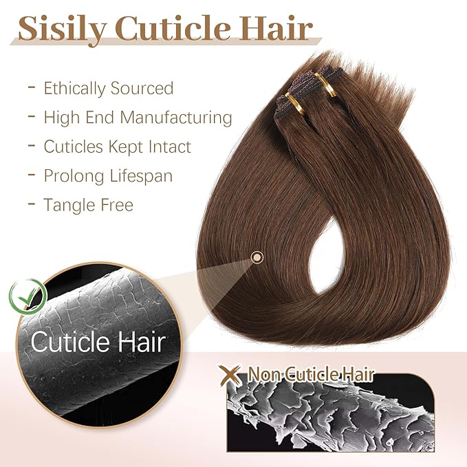 Sisily Clip in Hair Extensions Real Human Hair, 18 inch 120g, Chocolate Brown, 100% Brazilian Remy Human Hair Clip in Extensions Soft Straight 7pcs Per Set with 16 Clips Double Weft