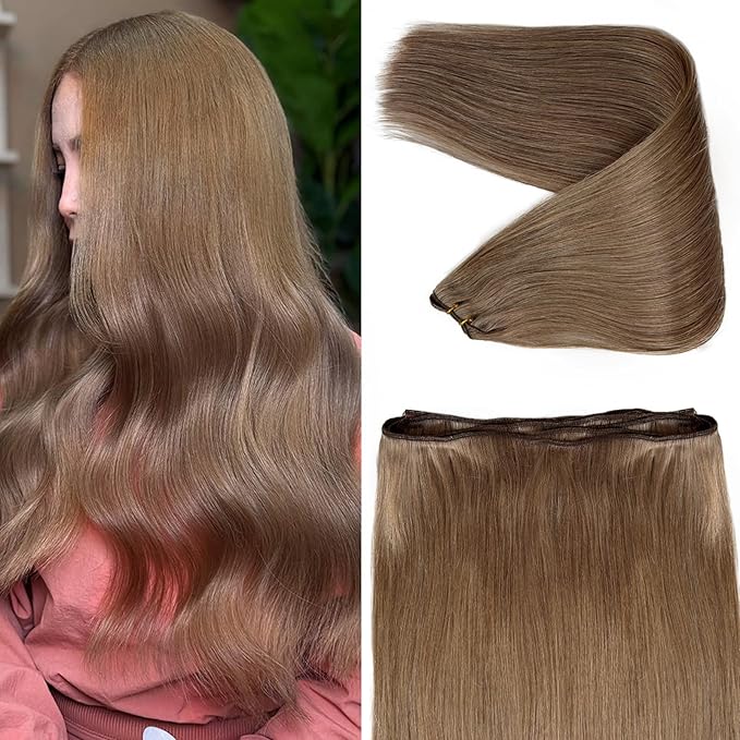 Ash Brown Hair Extensions Weft Sew in Human Hair Bundles Straight 20 Inch 100G Hand Tied Sew in Hair Extensions Ash Brown Real Human Hair Weft Extensions for Women