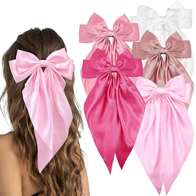 Pink Big Hair Bow for Women - 5Pcs Large Hair Clips for Girls Silky Satin BowsSet, Oversized Long Tail Cute Hair Ribbons Barrettes Aesthetic Hair Accessories Hairbows Gifts