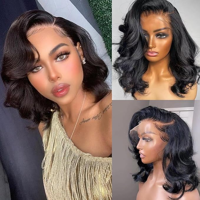 Bob Wig Human Hair Body Wave HD Lace Front Wigs Human Hair 250% Density 13x4 Glueless Wigs Human Hair Pre Plucked Short Bob Wigs for Black Women Natural Black Color (10 inch, Bob Wig)