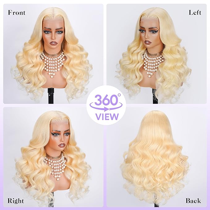 613 5x5 Lace Front Wig Human Hair Pre Plucked 250 Density 30 Inch Body Wave 100% Human Hair Blonde Lace Front Wig, No Synthetic Blend Tangle Free Shedding Free Triple Lifespan 3X