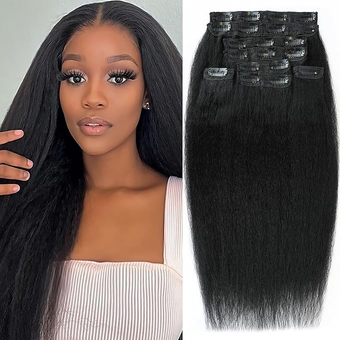 Kinky Straight Clip ins 14 Inch 8Pcs 130g Kinky Straight Clip in Hair Extensions Real Human Hair Brazilian Remy Human Hair Extensions for Women Per Set with 20 Clips Double Weft Natural Black