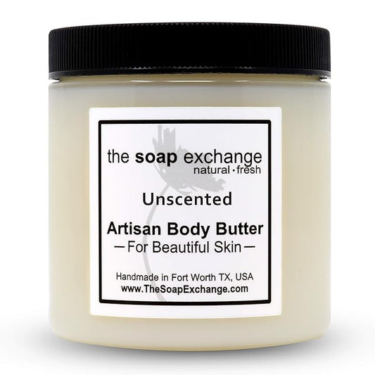 The Soap Exchange Body Butter - Unscented Fragrance Free - Hand Crafted 16 fl oz / 480 ml Natural Artisan Skin Care, Shea Butter, Aloe Vera, Nourish, Moisturize, & Protect. Made in the USA.