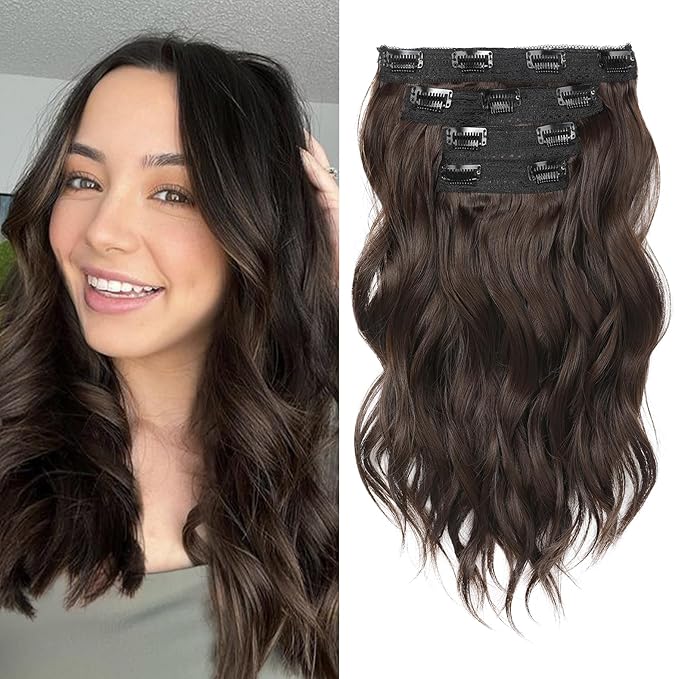REECHO Clip in Hair Extensions - 14" Short Beach Wavy Hairpieces - Invisible Lace Weft - Natural Soft - Chocolate Brown