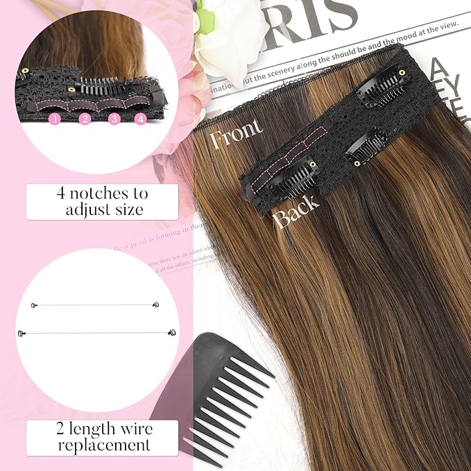 Invisible Wire Hair Extensions with Transparent Wire Adjustable Size 4 Secure Clips Long Wavy Secret Hairpiece 20 Inch for Women(Balayage Dark Brown to Chestnut)