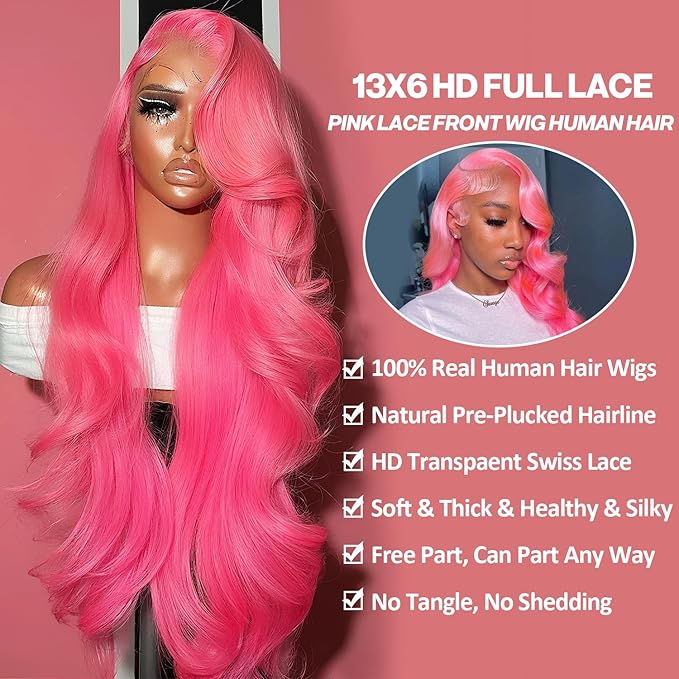 Pink 13x6 Lace Front Wigs Human Hair Body Wave Pink Human Hair Wigs for Women 200% Density Glueless HD Transparent Lace Frontal Wigs Pre Plucked 32 Inch