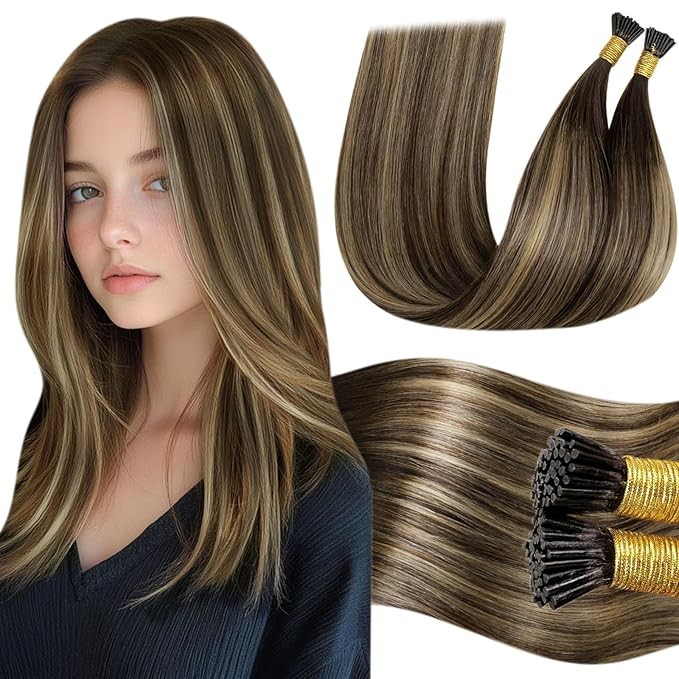 LaaVoo Itip Human Hair Extensions Balayage I Tip Hair Extensions Human Hair Balayage Dark Brown to Caramel Brown I Tips Hair Extensions Real Human Hair Straight 50g/50s 22in