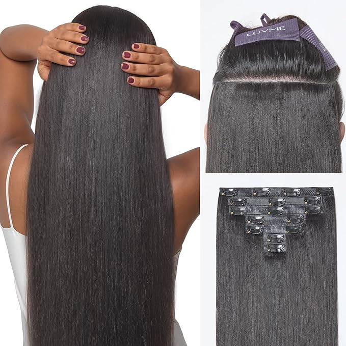 LUVME 0.59mm Zero Trace Invisible Clip in Hair Extensions, Yaki Straight 2 Pack 7 Pcs 100g 18 Inch, 100% Real Human Hair Clip Ins, Invisible Multi Piece System, Comfortable Wear for School & Work