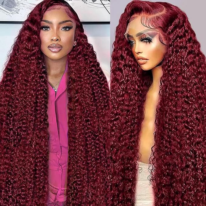Burgundy Wig Human Hair 99j Burgundy 13x6 Deep Wave Lace Front Wigs Human Hair Pre Plucked 180% Density HD Transparent Lace Frontal Wigs for Black Women Red Colored Wig 32 Inch