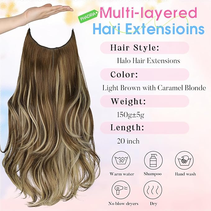 Invisible Wire Hair Extensions with Transparent Wire Adjustable Size 4 Secure Clips Long Wavy Secret Hairpiece 20 Inch for Women(Light Brown with Caramel Blonde)