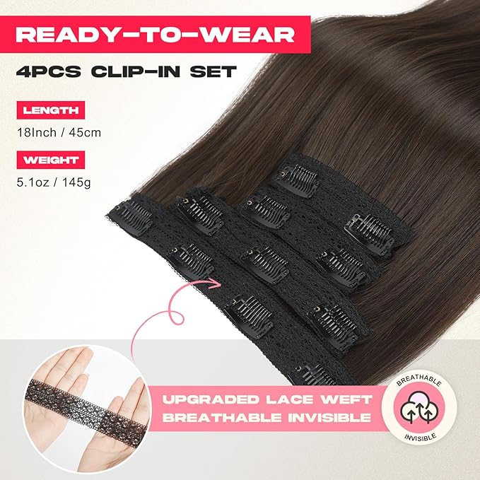 Hair Extensions, 4PCS 18" Clip in Hair Extensions Layered Cut Natural Lightweight Hairpieces with Thinner Softer Invisible Weft for Women - Chocolate Brown