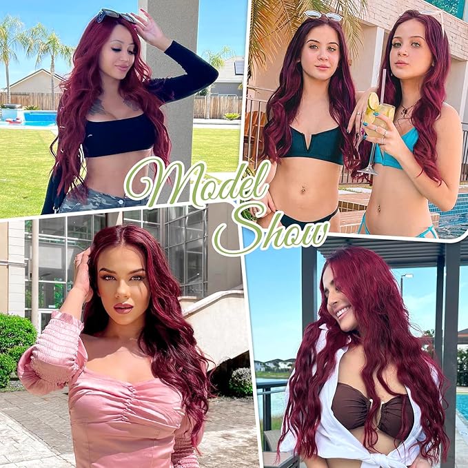 KooKaStyle Invisible Wire Hair Extensions with Transparent Headband Adjustable Size 4 Secure Clips Long Wavy Hairpiece 20 Inch Ombre Burgundy mix Black for Women