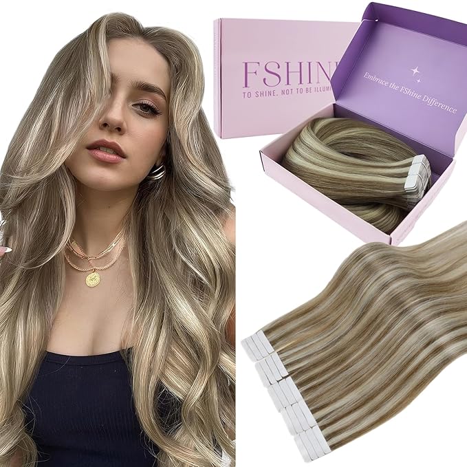 Fshine Tape in Hair Extensions Highlight Tape in Hair Extensions Color Light Brown and Highlighted Platinum Blonde Glue in Extensions Straight 20 pcs 50 g 22 Inch,for Daily Wear