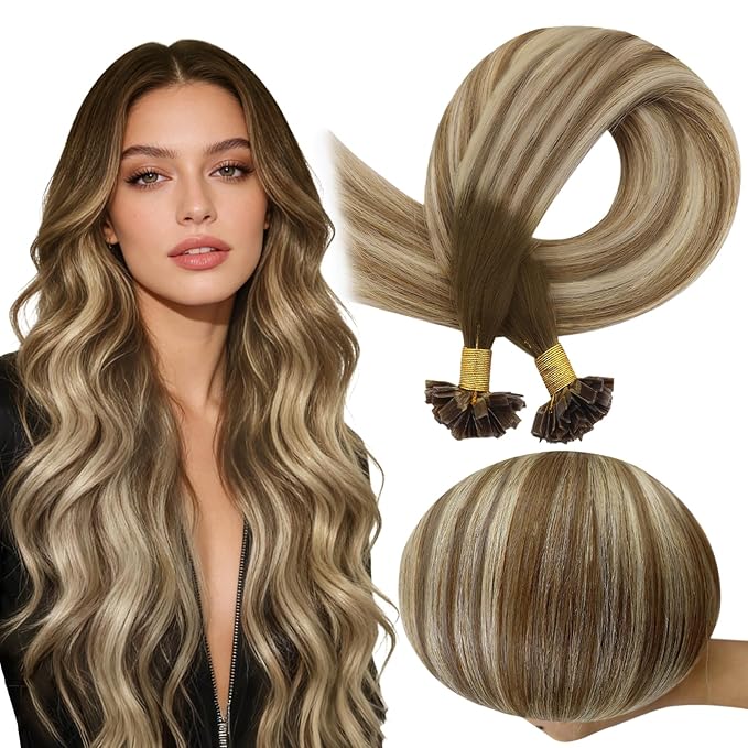 Full Shine Keratin Tip Hair Extensions Human Hair Dark Brown to Ash Brown and Honey Blonde Ktip Human Hair Extensions 14 Inch Fusion Extensions Remy Hair 50 Grams for Women