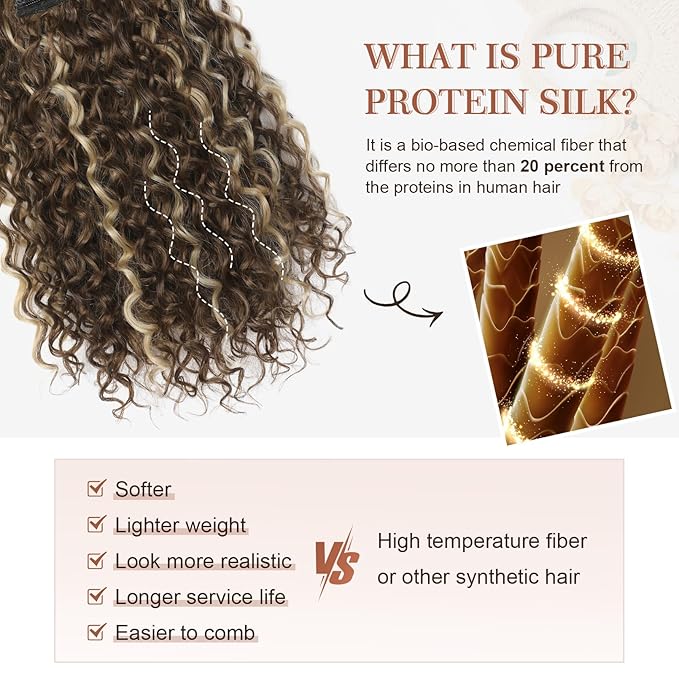 Clip in Hair Extensions, FLUFYMOOZ 4PC 100％ Pure Protein Silk Hair Extensions Long Soft Natural Hairpiece 16 Inch Curly Hair Extension for Women (Medium Brown Ash Blonde Highlight)