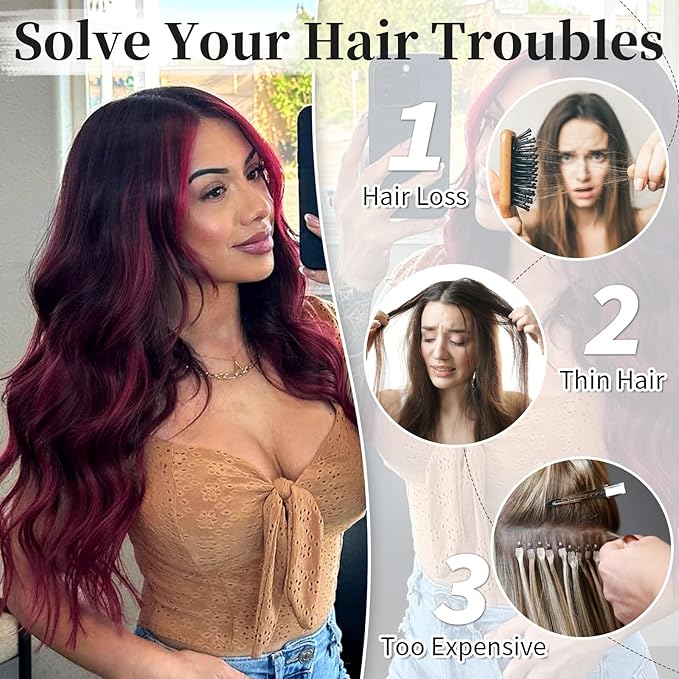 KooKaStyle Invisible Wire Hair Extensions with Transparent Headband Adjustable Size 4 Secure Clips Long Wavy Hairpiece 20 Inch Ombre Burgundy mix Black for Women