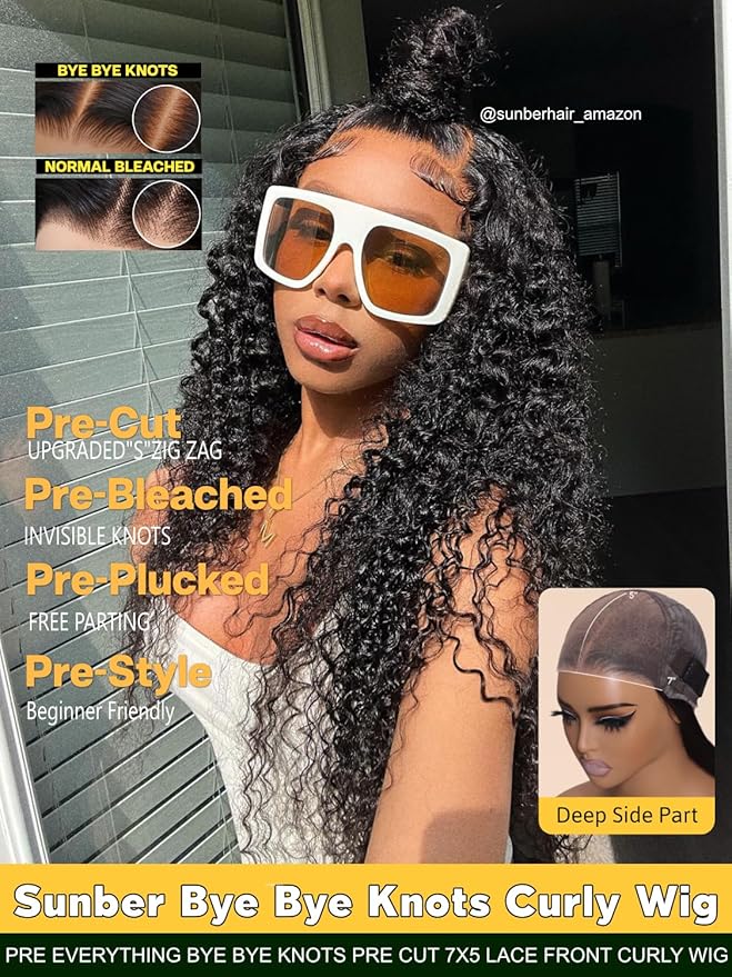 Sunber Bye Bye Knots Curly Glueless Human Hair Wig Pre cut 7x5 HD Lace Front Put On Go 3S Wear Pre Bleached Invisible Knots 150% Density Pre Plucked with Baby Hair 20Inch Pre Everything Curly Wigs