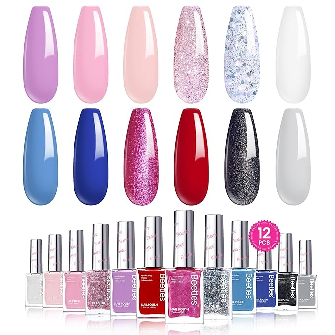 Beetles Nail Polish Set - Quick Dry Nail Polish Kit 12 Colors Pink Glitter Green Blue Yellow Red Regular Air Dry Fingernail Polish Pack for Women Christmas Gift Beetles Colorful Canvas 12 Colors