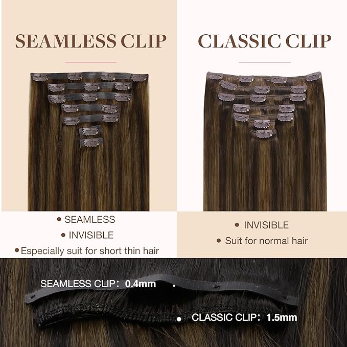 GOO GOO Clip in Hair Extensions Real Human Hair, Remy Human Hair Extensions Clip ins for Women, Natural Human Hair, 24inch 120g 7Pcs, 2C/4E/6C Brown Sugar Swirl Highlights